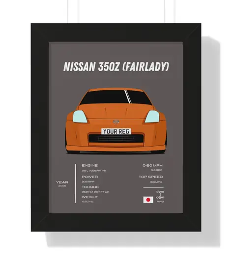 A framed Nissan 350Z print hanging on a wall