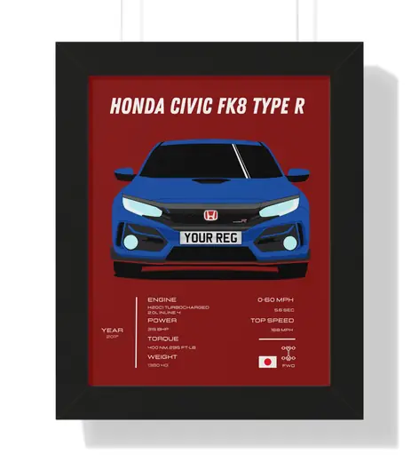 A framed Honda Civic Type R print hanging on a wall