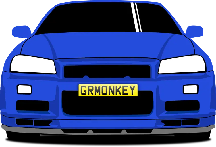 Nissan Skyline GT-R R34 drawn in blue, with a GRMONKEY number plate